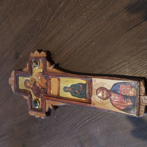 Handmade wooden cross with saint icons 30×15cm like new