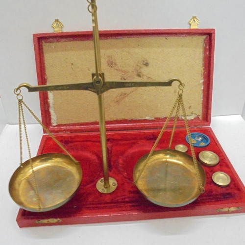 Brass Precision Balance Scale with Weights and Original Box used