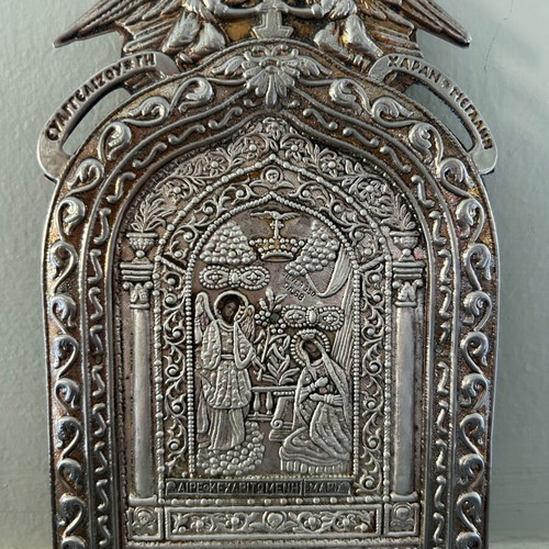 Religious icon of Panagia Tinos used, silver with 24k gold plating