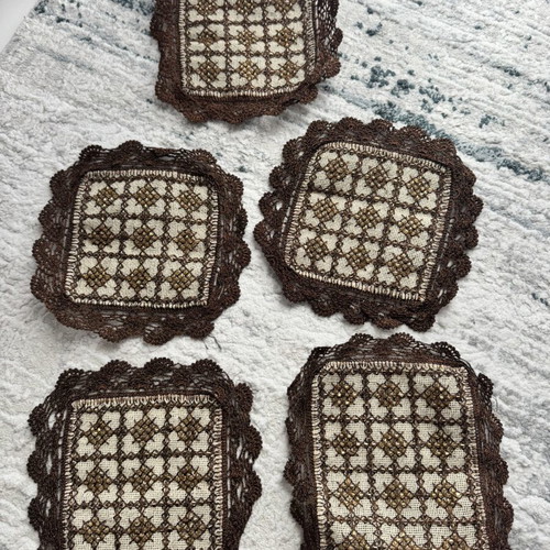 Vintage coasters used with lace and decorative beads in brown-bronze