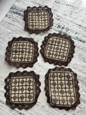 Vintage coasters used with lace and decorative beads in brown-bronze