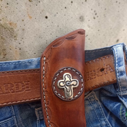 Handmade leather belt sheath for pocket knife, genuine cowhide