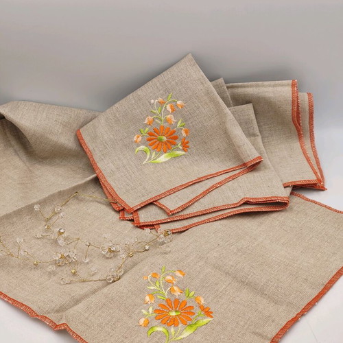 Table runner and six linen napkins set with decorative embroidery and orange trim new