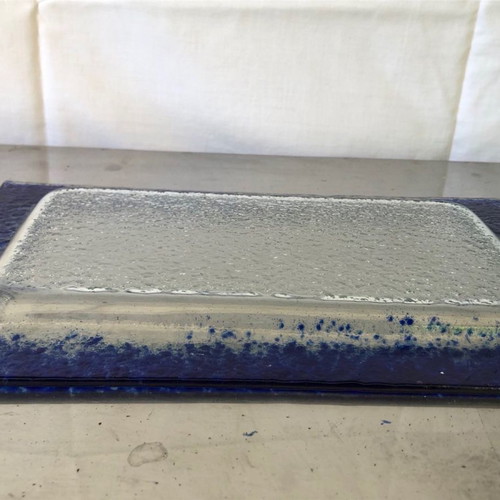 Glass decorative platter like new, blown transparent and blue glass