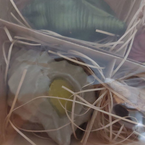 Wooden box with 4 terracotta sea shell candles, new