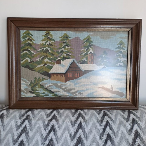 Vintage χειροποίητο κεντητό petit point χειμερινό τοπίο με καλύβα μεταχειρισμένο