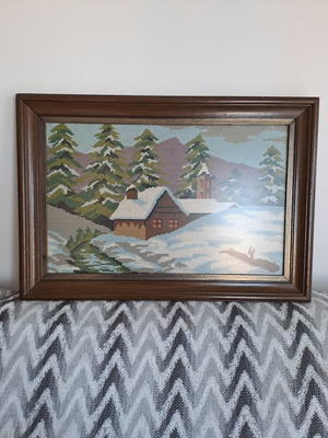 Vintage χειροποίητο κεντητό petit point χειμερινό τοπίο με καλύβα μεταχειρισμένο