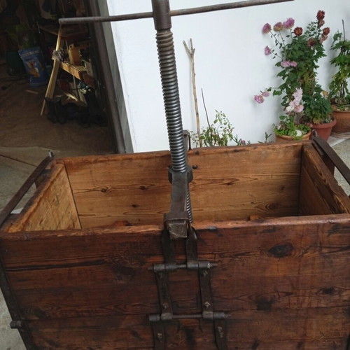 Wooden tobacco press with metal screw mechanism, rustic bar furniture