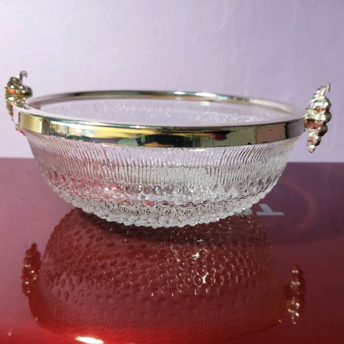 Vintage glass bowl with metal rim and grape handles in like new condition
