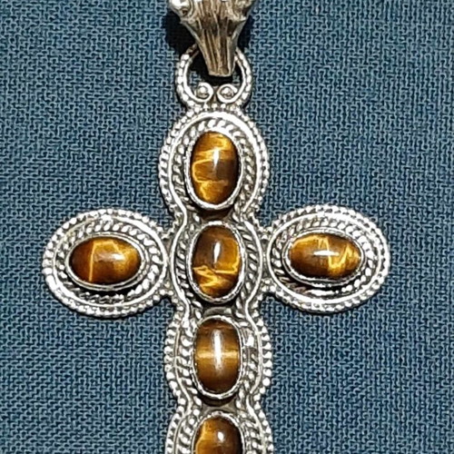 Silver 925 cross with tiger eye semi-precious stones, new