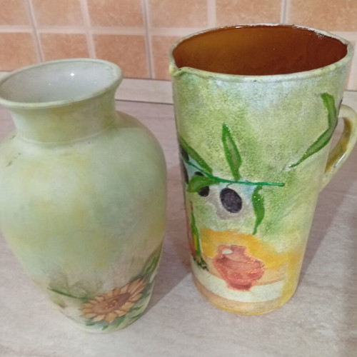 Handmade glass decoupage set (jug & vase)
