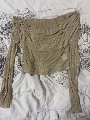 Beige Top with Stones New, Long Sleeve Party Top