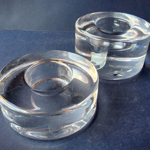 Orrefors Puck Crystal Candle Holders Set like new, Swedish design