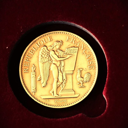 Case with 24K gold-plated 100 Francs French coin new, year 1900