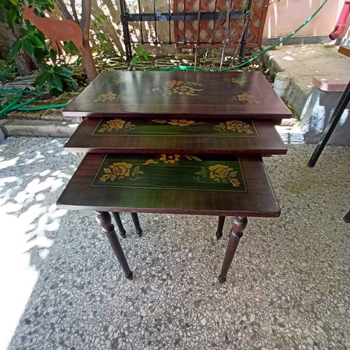 Zigon marquetry tables used, set of 3