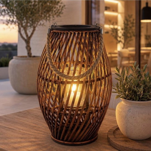 Oval rattan lantern dark color new with glass candle holder