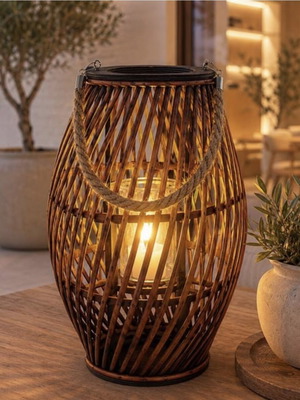 Oval rattan lantern dark color new with glass candle holder