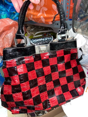 Vintage hand bag used with 7 inner pockets and leopard interior, black-red