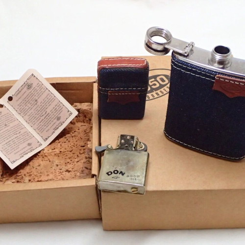 Don Ramos 1950 Founded Lighter and Hip Flask with Denim Wrap and Case new