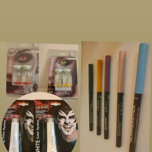 Carnival makeup set new with 5 eyeliners, 2 colored contact lenses, 2 white makeup tubes