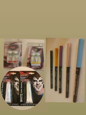 Carnival makeup set new with 5 eyeliners, 2 colored contact lenses, 2 white makeup tubes