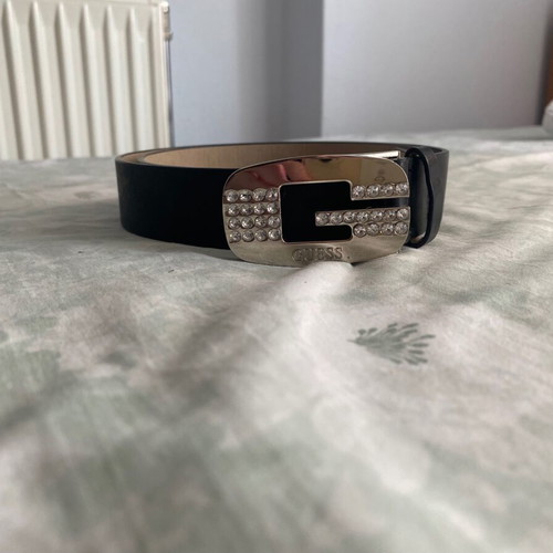 Guess black belt with metal buckle and rhinestones, synthetic leather