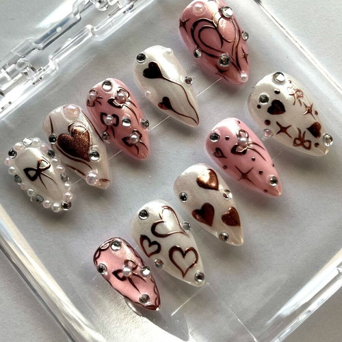 Press On Nails handmade pink and white with rose gold hearts