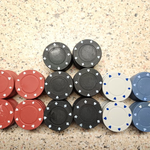 Poker chips used, set of 155 in red, black, white, and blue