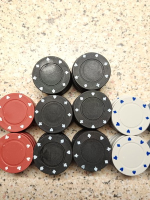 Poker chips used, set of 155 in red, black, white, and blue