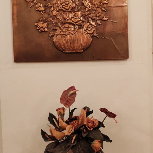 Large chalcography Vase with flowers like new 60x55 cm