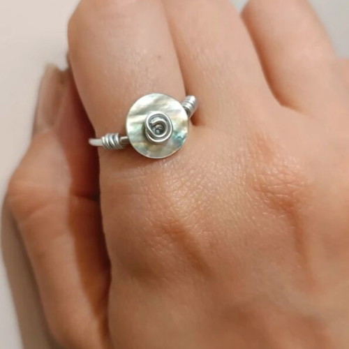 Ring with iridescent shell button adjustable, handmade silver