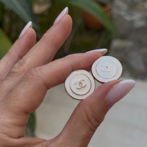 Chanel button stud earrings, gold and beige, 2cm