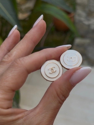 Chanel button stud earrings, gold and beige, 2cm