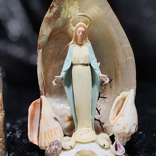 Handmade Virgin Mary statue with natural seashells