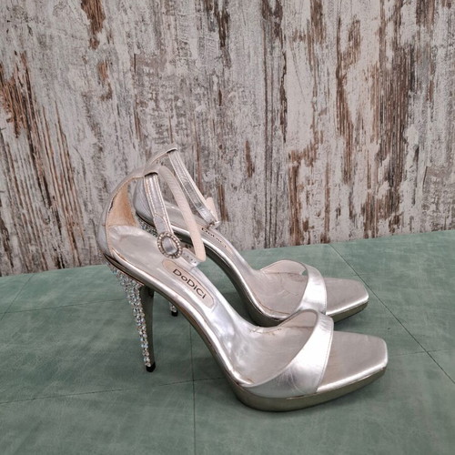 Silver sandals with multicolor rhinestones on heel new, size 38