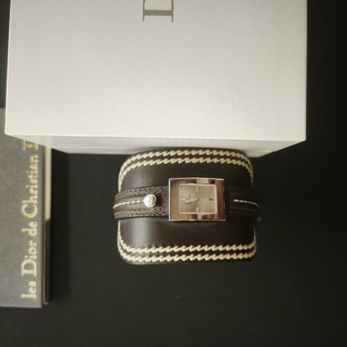 Christian Dior Wide Leather Cuff Watch with Zig-Zag Stitching, NOS