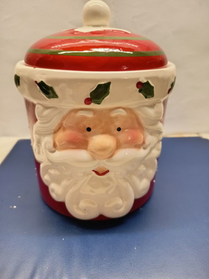 Ceramic Christmas Cookie Jar with Embossed Santa Claus New