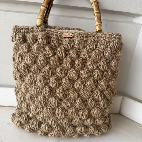 Handmade knitted Stella bag with bamboo handles, like new, beige and brown