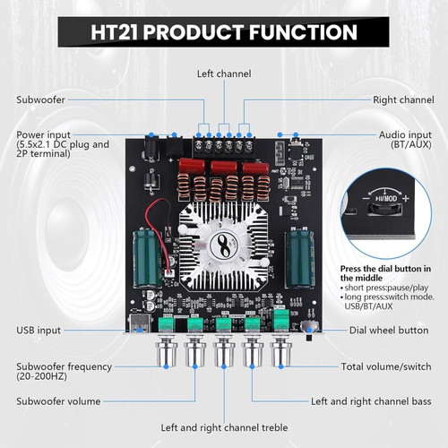 ZK-HT21 Bluetooth 2.1 Channel Audio Amplifier Module 160W×2 + 220W Subwoofer