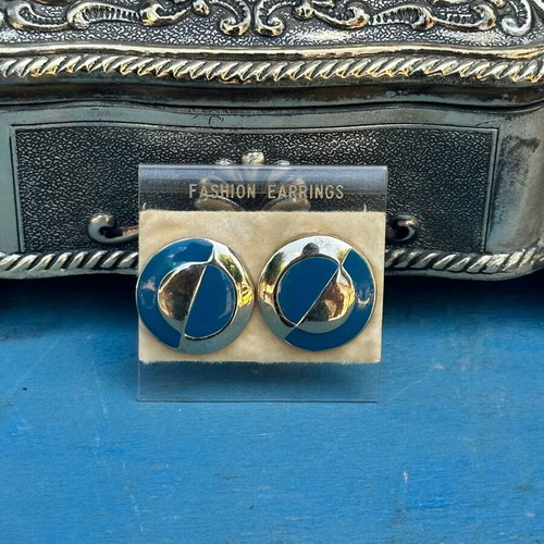 Vintage stud earrings blue and gold round 2.5 cm used