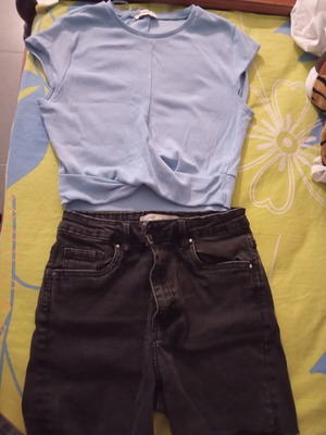 Pink Woman top and denim shorts set like new
