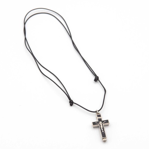 Metal opening cross new with black enamel and adjustable cord