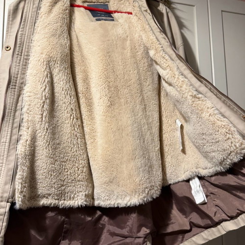 Bershka beige parka jacket used with fur and leather details