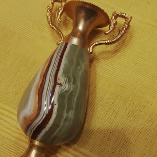 Decorative amphora like new made of alabaster and bronze