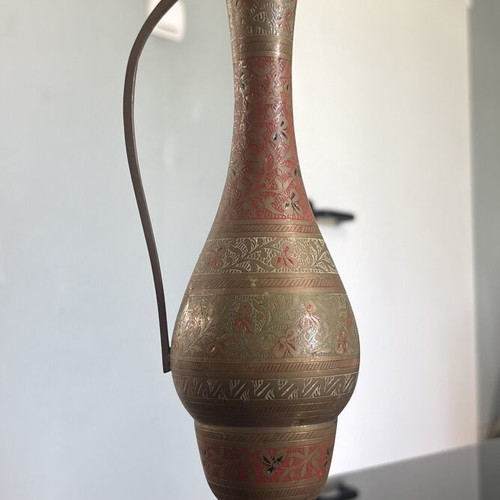 Vintage Hand Engraved Brass Vase with Colored Enamel from India like new