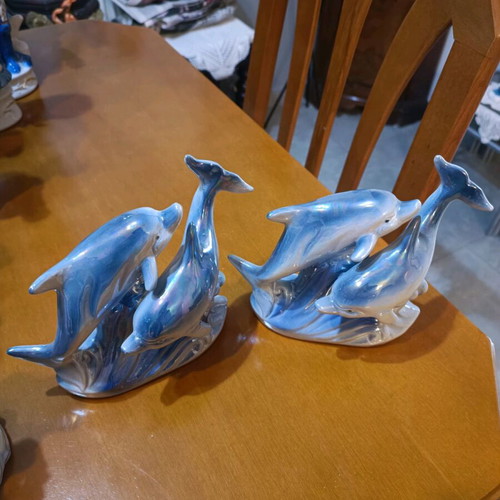Porcelain blue decorative dolphin pair like new