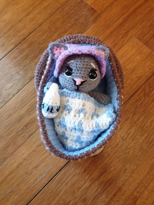 Amigurumi kitten doll handmade in knitted basket new