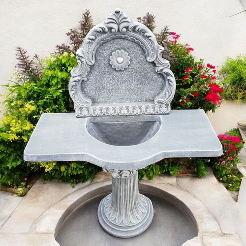Astrea Concrete Garden Wall Fountain with Gray and White Countertop