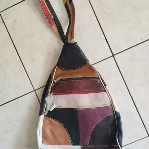 Multicolor genuine leather patchwork sling backpack