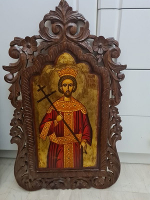 Αγιογραφία Αγίου Κωνσταντίνου μεταχειρισμένη με σκαλιστή ξύλινη κορνίζα χειροποίητη